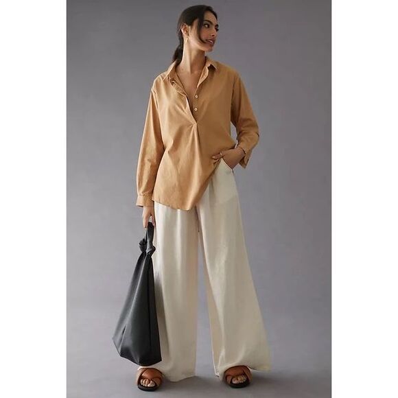 By ANTHROPOLOGIE Women’s Tan Button-Side Cotton Tunic Blouse Long Sleeve Size Me - Picture 4 of 11